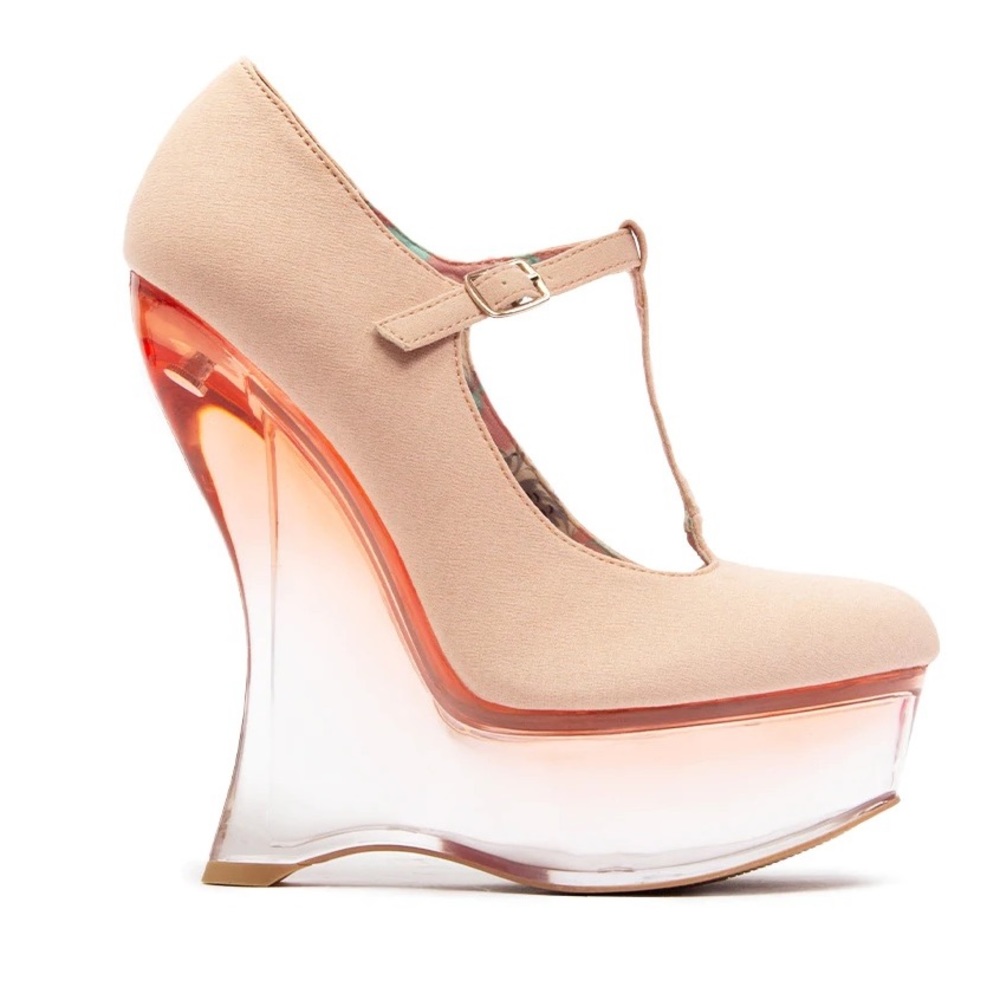 GLAM BLUSH PINK PLATFORM T-STRAP WEDGE SANDAL HEEL
